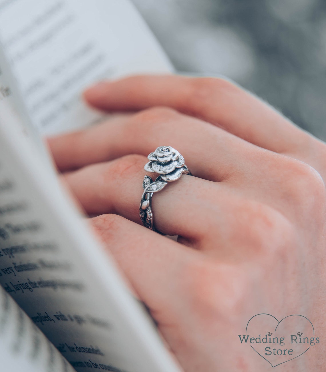 Delicate Rose in Silver Birth Flower Ring for Engagement