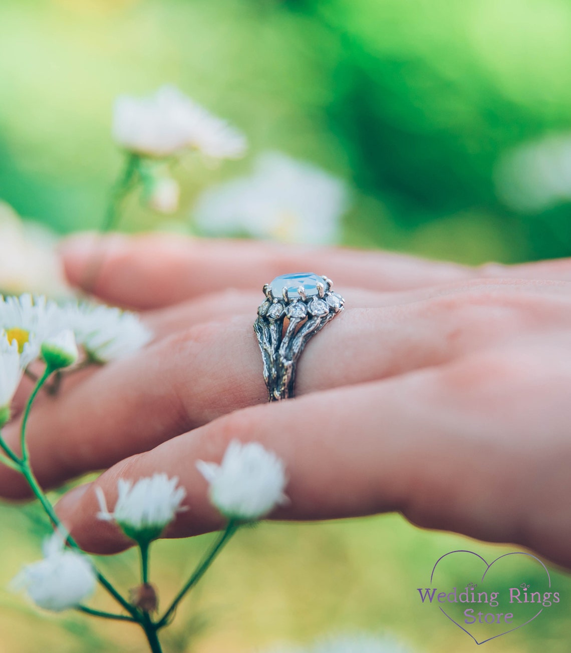 Halo Moonstone with CZ Engagement Ring and Silver Branch