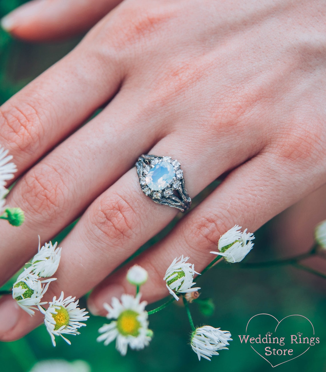 Halo Moonstone with CZ Engagement Ring and Silver Branch