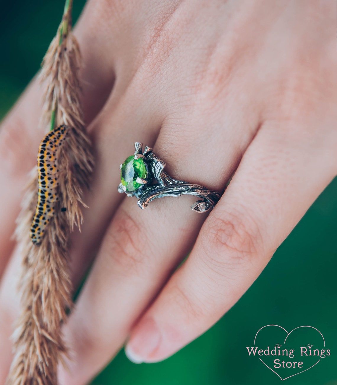 Large Peridot & Gems in Leaves Silver Twig Earthy Engagement Ring