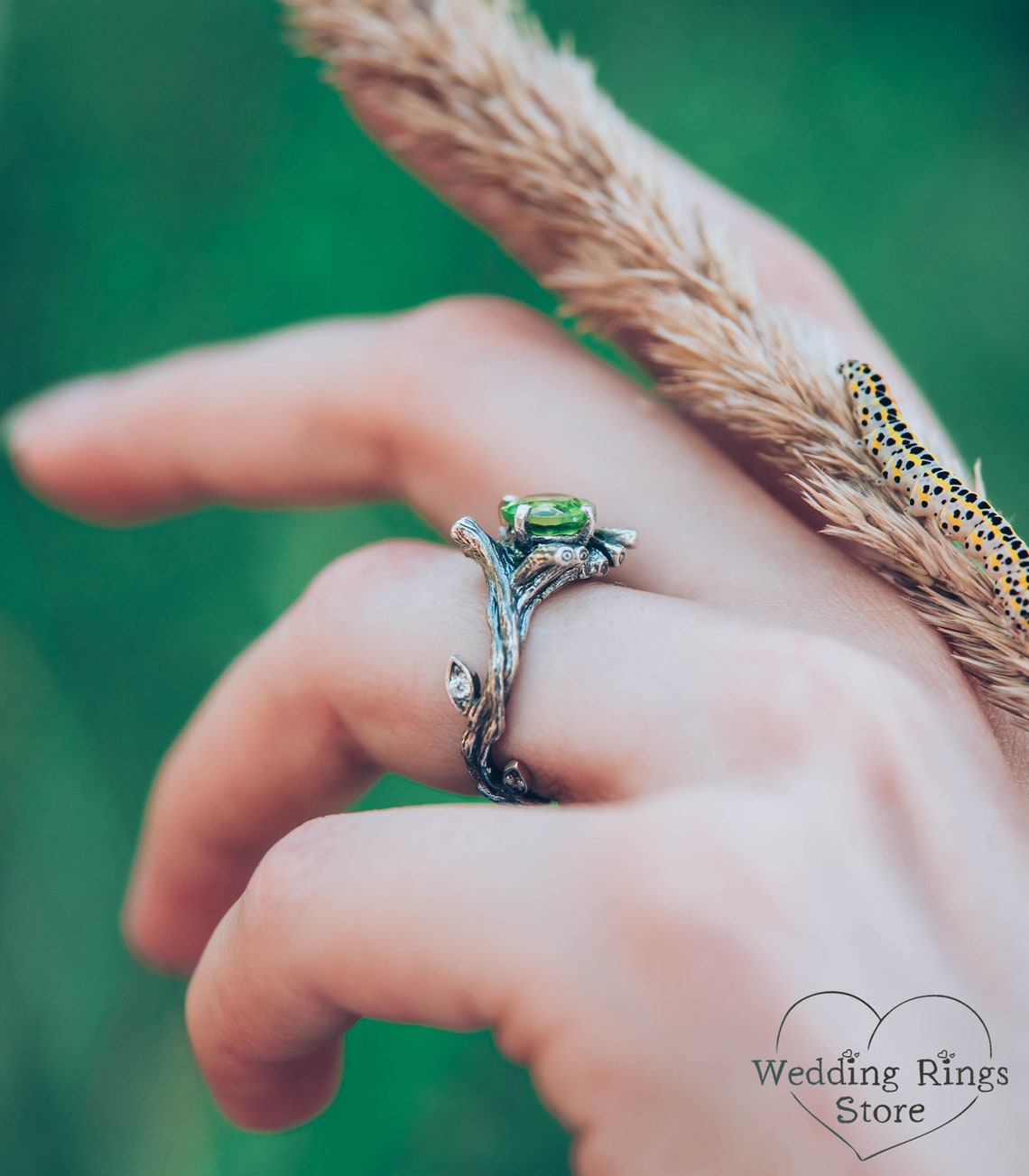 Large Peridot & Gems in Leaves Silver Twig Earthy Engagement Ring