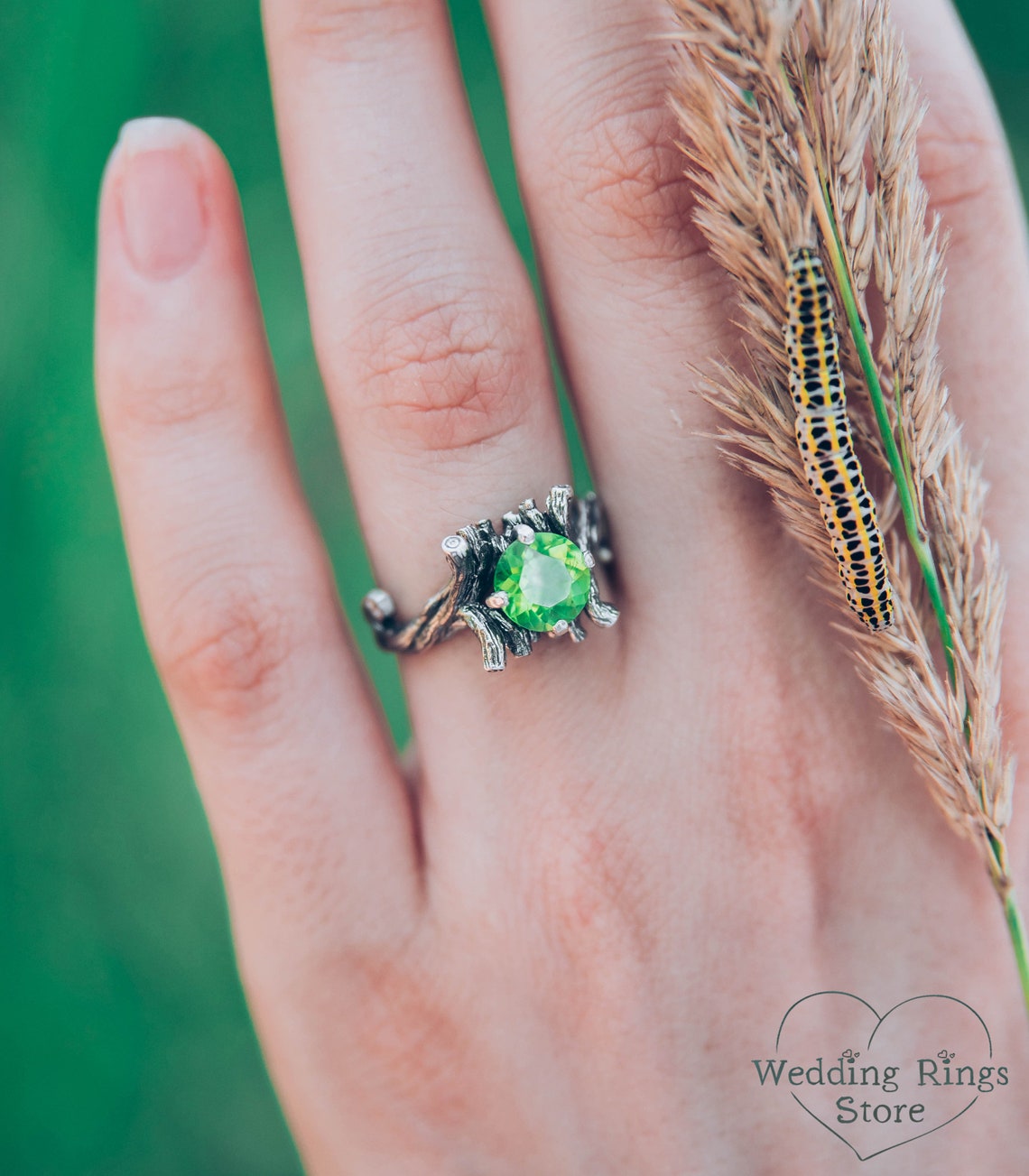 Large Peridot & Gems in Leaves Silver Twig Earthy Engagement Ring