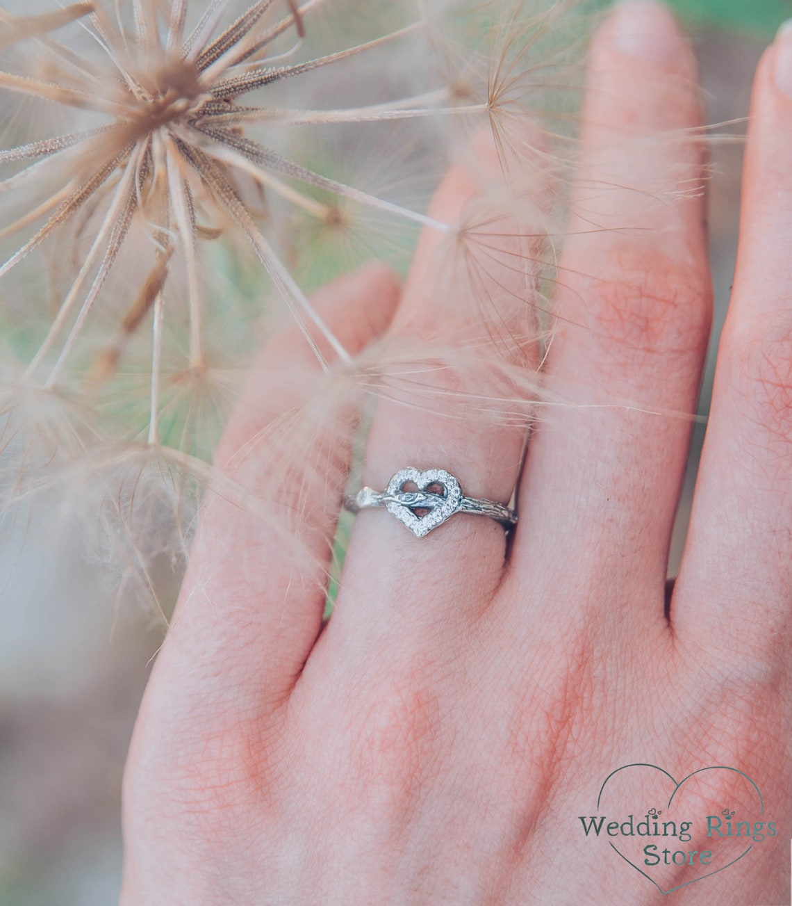 Sterling Silver Branch & Gems on Heart Engagement Ring