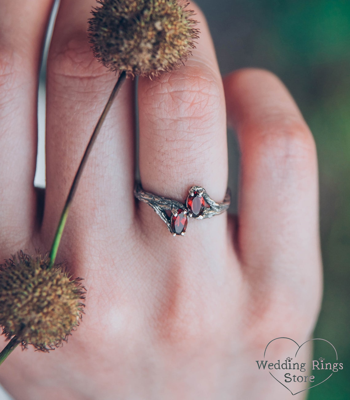 Two Oval Garnets Tiny Silver Branch Engagement Ring