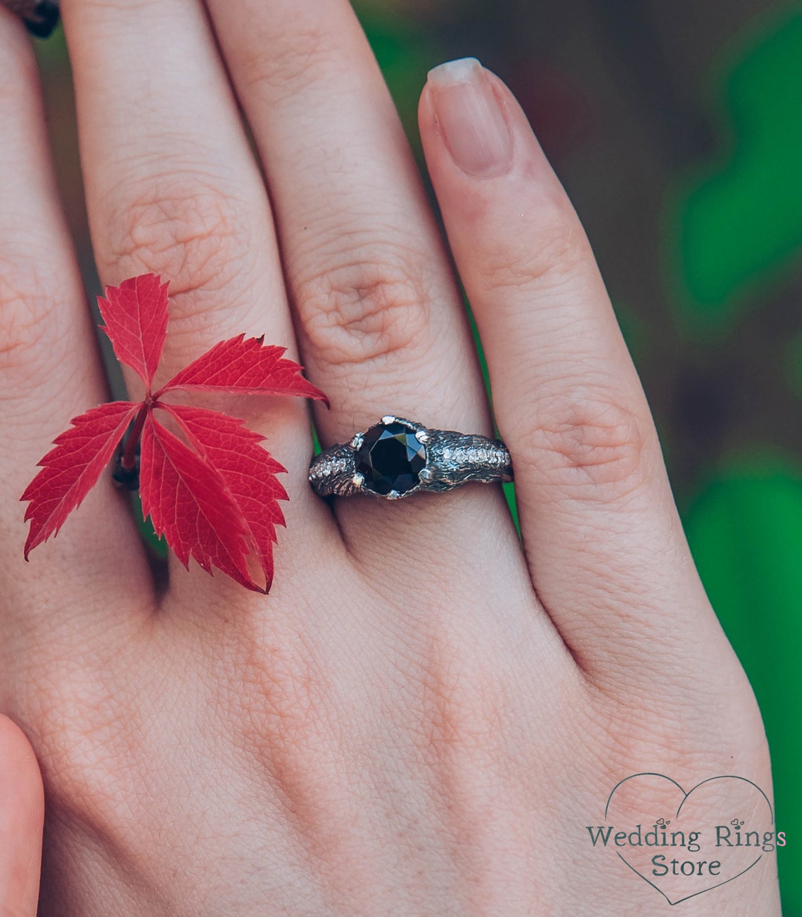 Big Garnet Ring with Silver Tree and Side Stones