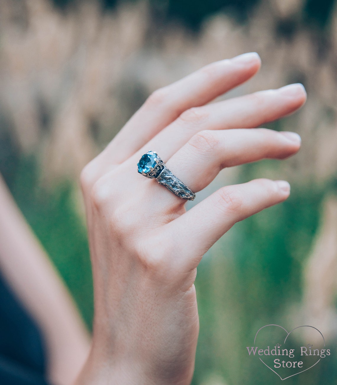 Bright Topaz & Vintage Style Twig Silver Engagement Ring