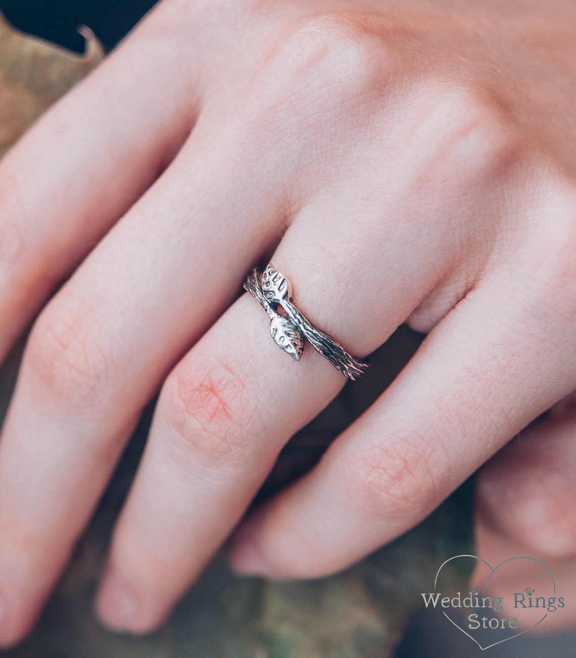 Dainty Two tiny Leaves Silver Women's Branch Ring