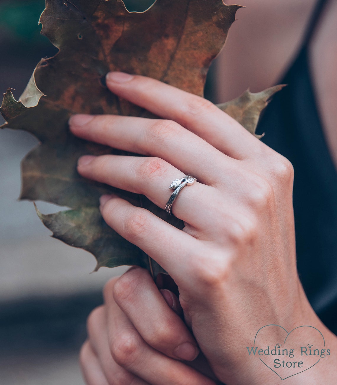 Dainty Two tiny Leaves Silver Women's Branch Ring