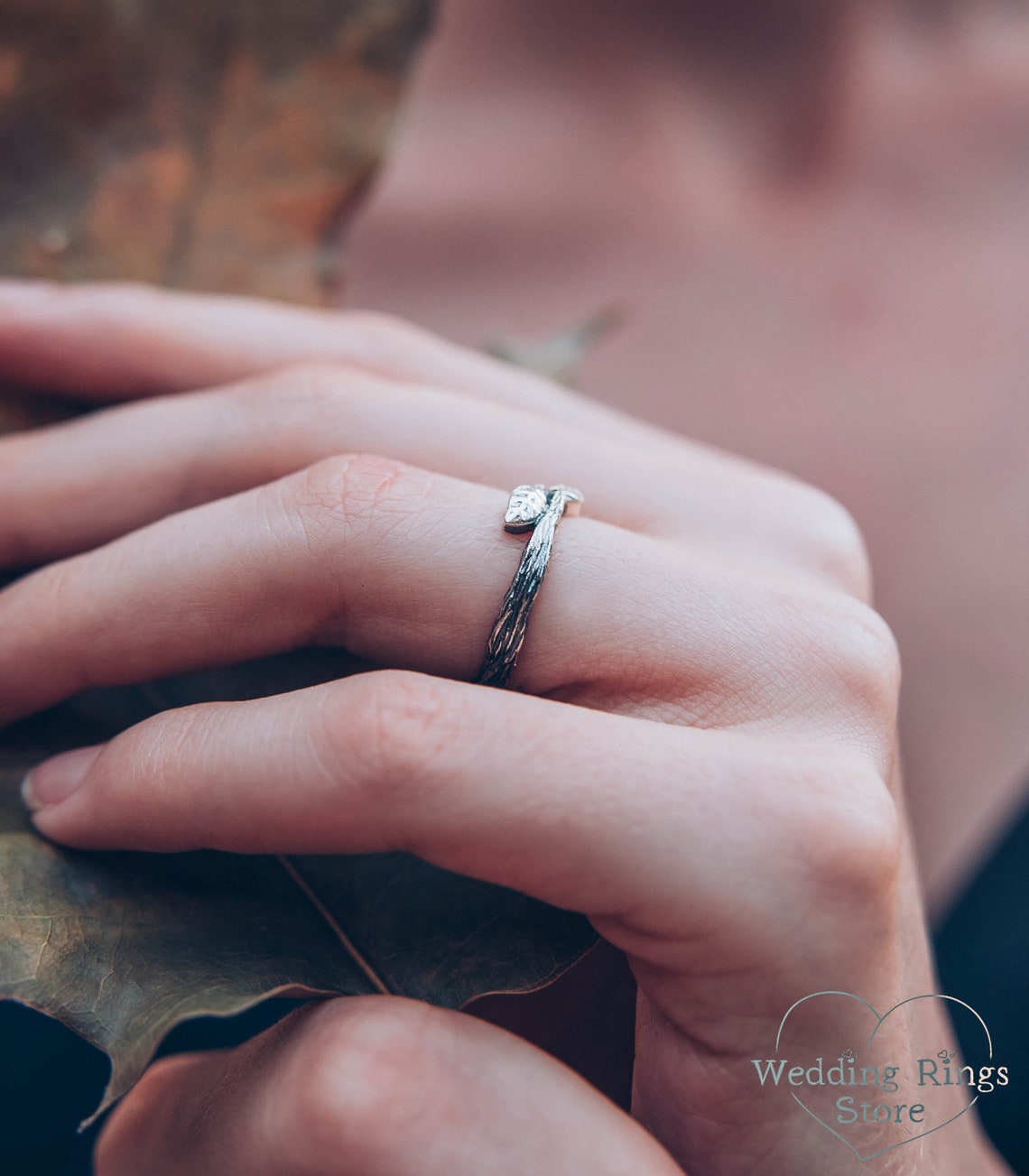 Dainty Two tiny Leaves Silver Women's Branch Ring