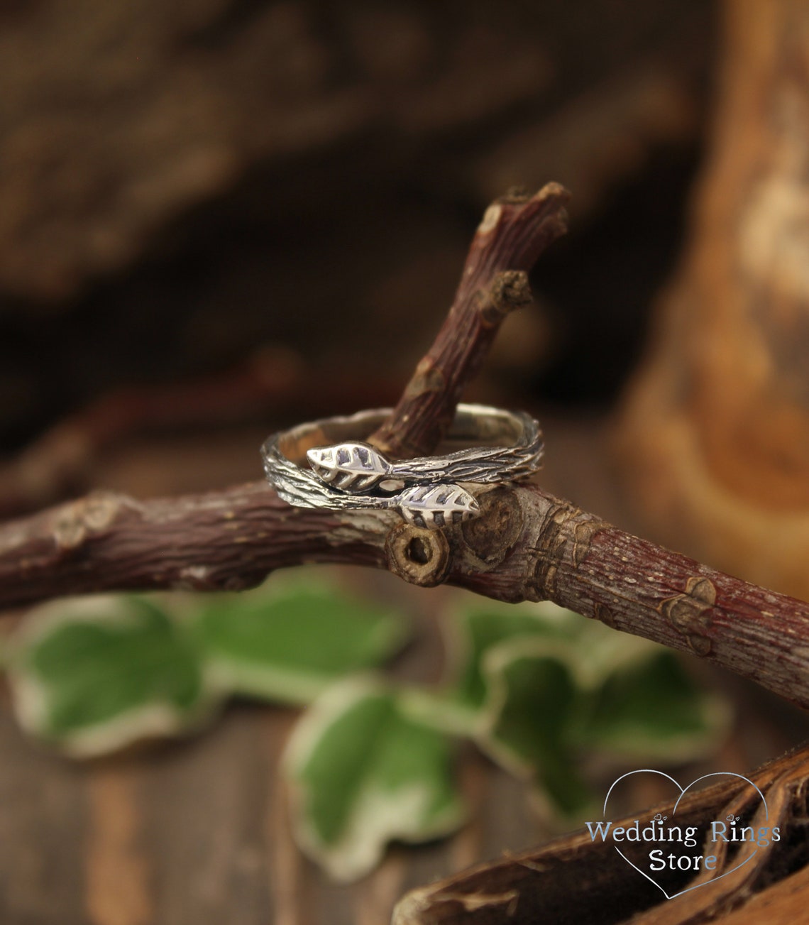 Dainty Two tiny Leaves Silver Women's Branch Ring