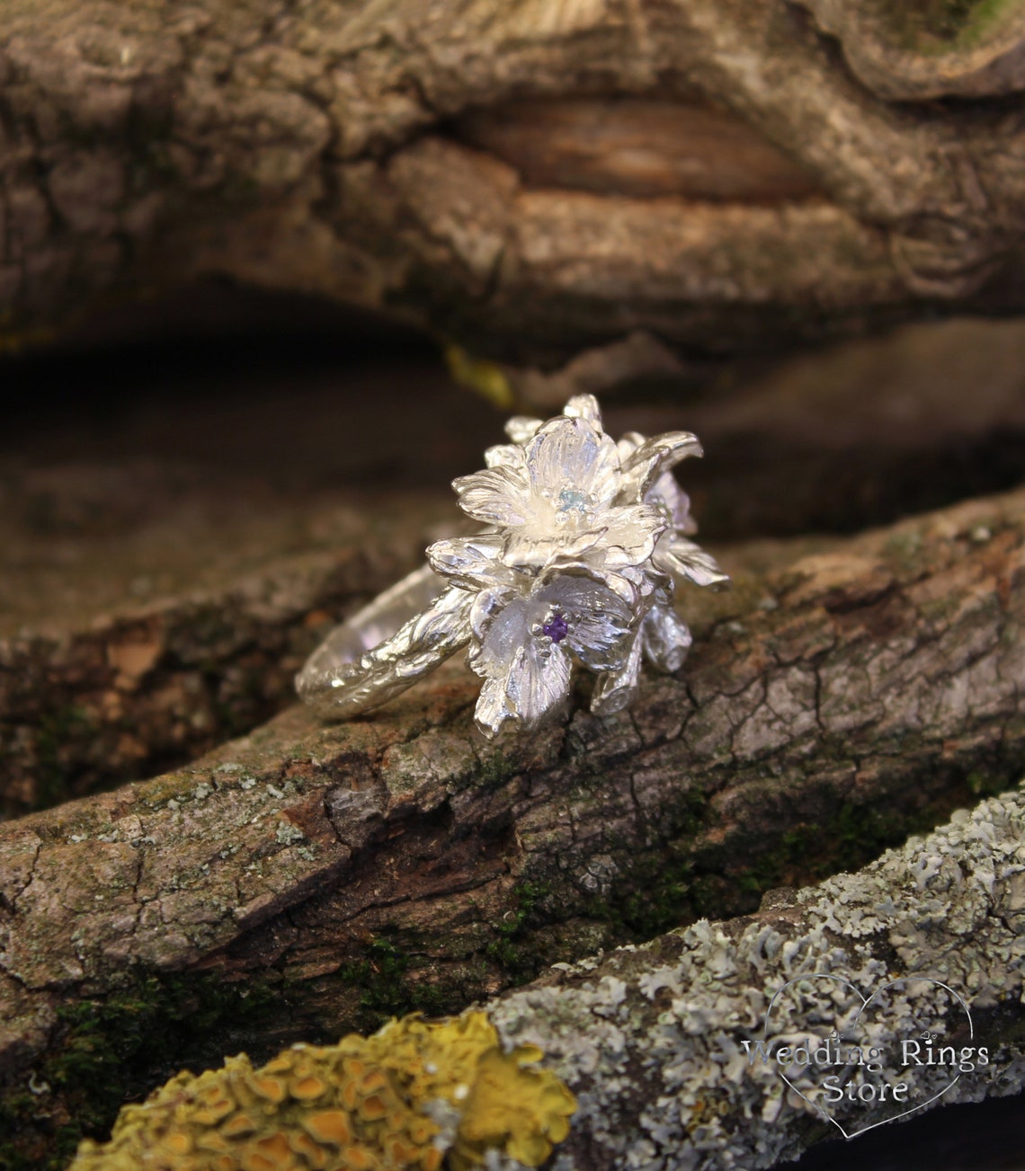 Silver Catchy Large Flowers Cocktail Ring with Multi Gemstones