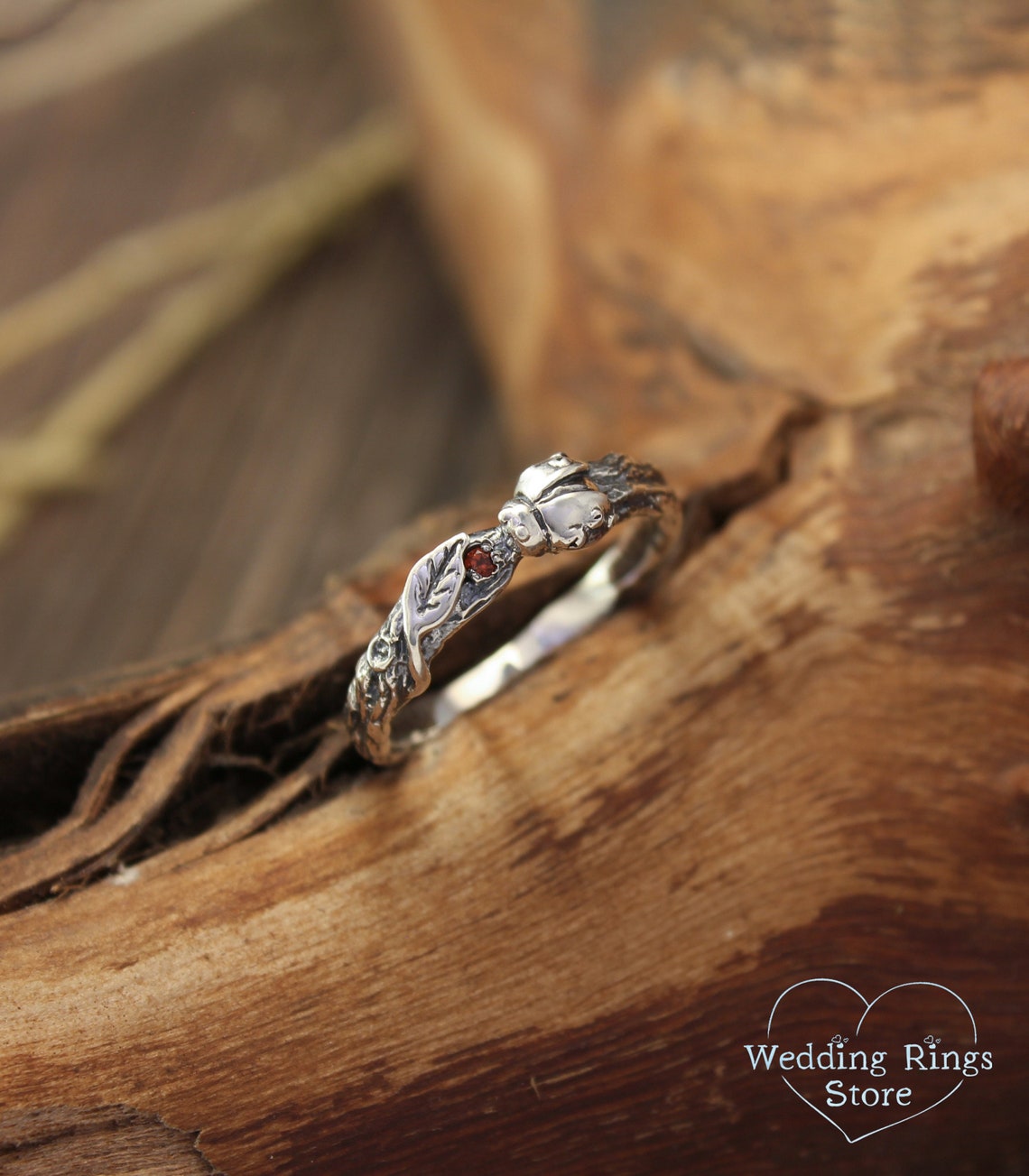 Small exquisite Garnet with Ladybug and Leaf Engagement Ring