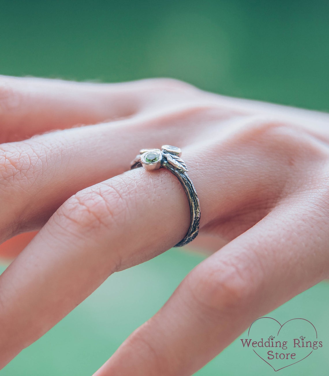 Three Birthstones Fine Silver Twig & Leaves dainty Ring