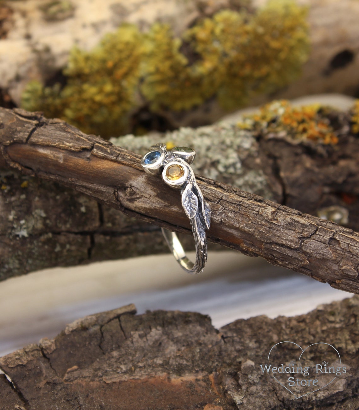 Three Birthstones Fine Silver Twig & Leaves dainty Ring