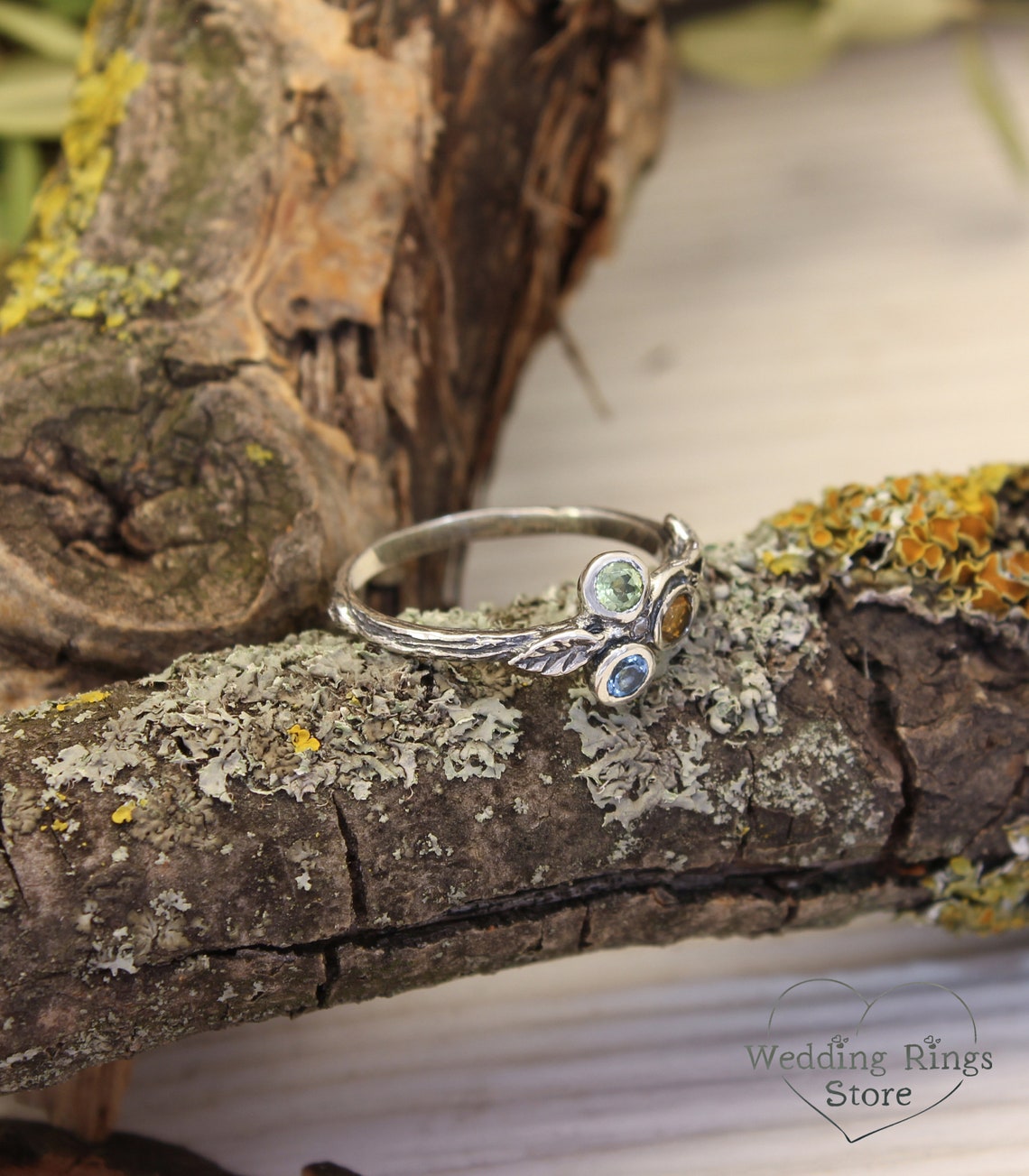 Three Birthstones Fine Silver Twig & Leaves dainty Ring