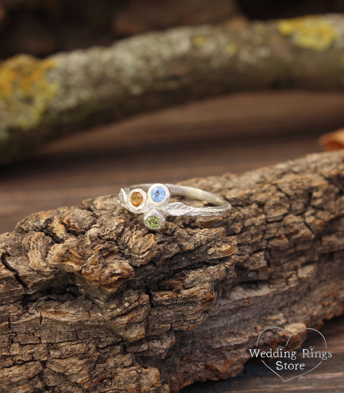 Three Birthstones Fine Silver Twig & Leaves dainty Ring