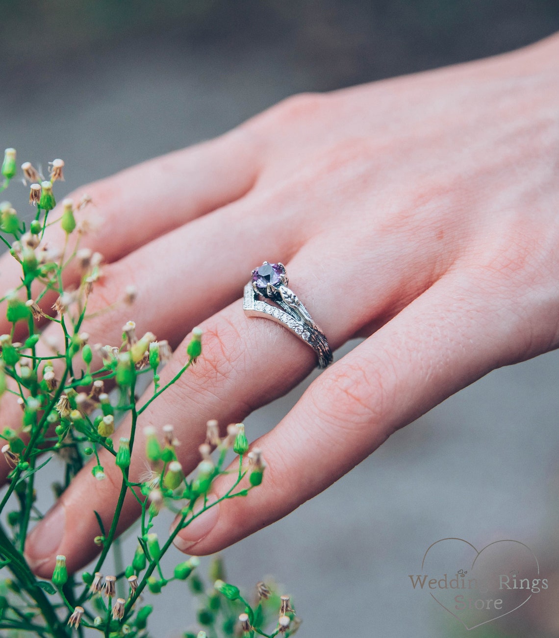 Cute Amethyst Chevron – Silver Twig strewn with Gems & Leaves