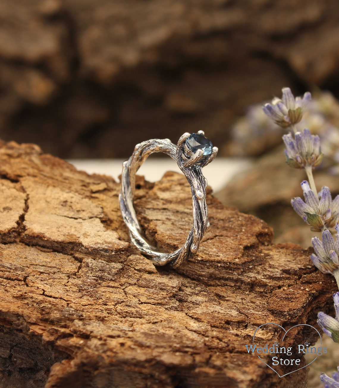 Tiny twisted Twigs Engagement Ring with London Blue Topaz