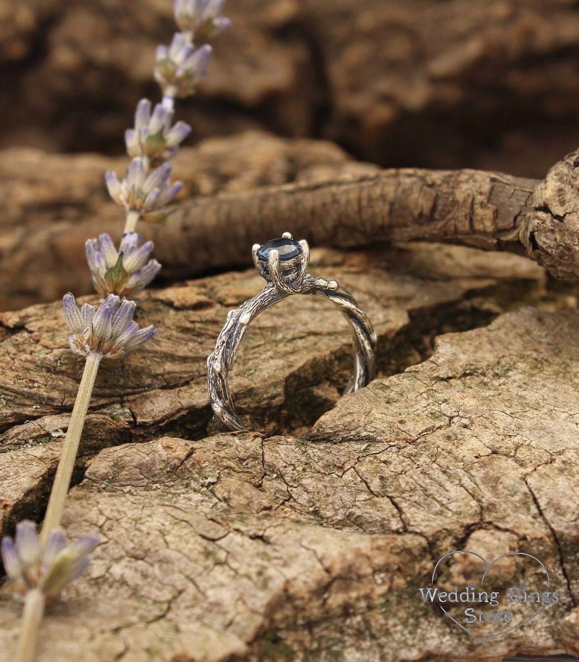 Tiny twisted Twigs Engagement Ring with London Blue Topaz