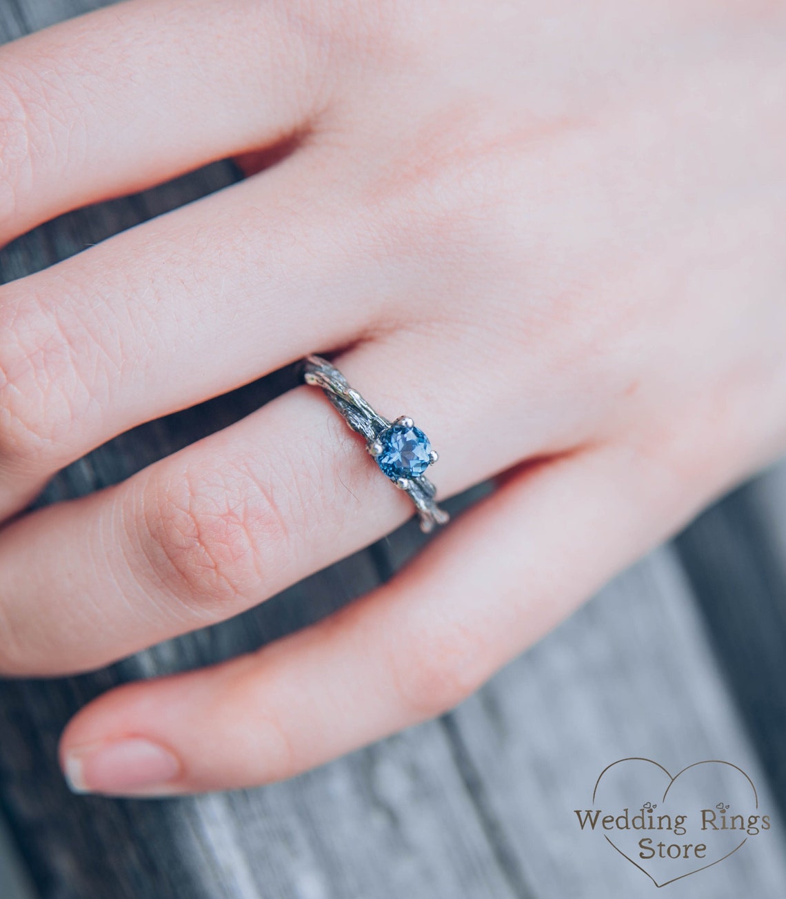 Tiny twisted Twigs Engagement Ring with London Blue Topaz