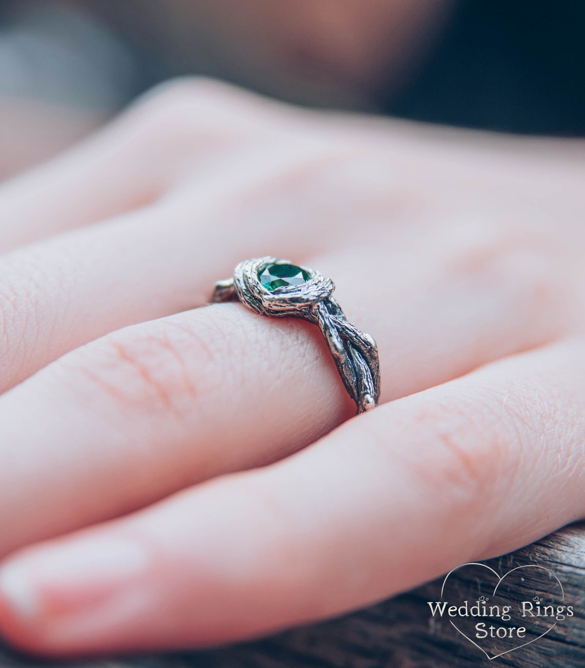 Twisted Twigs Silver Whimsical Engagement Ring & Green Tourmaline