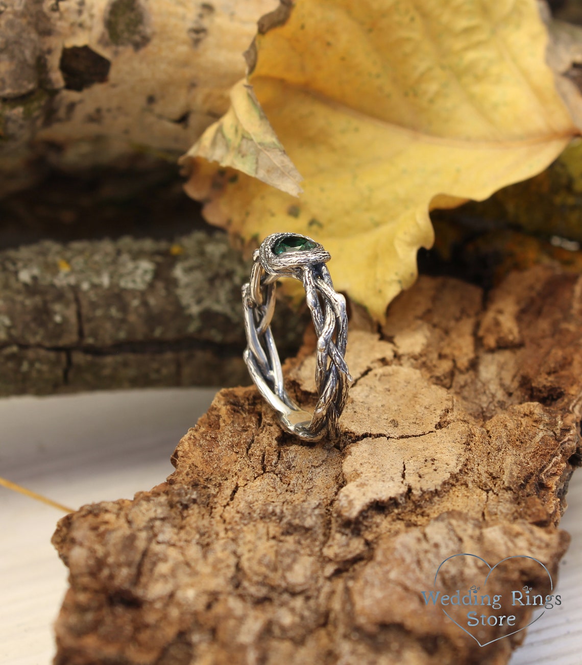 Twisted Twigs Silver Whimsical Engagement Ring & Green Tourmaline