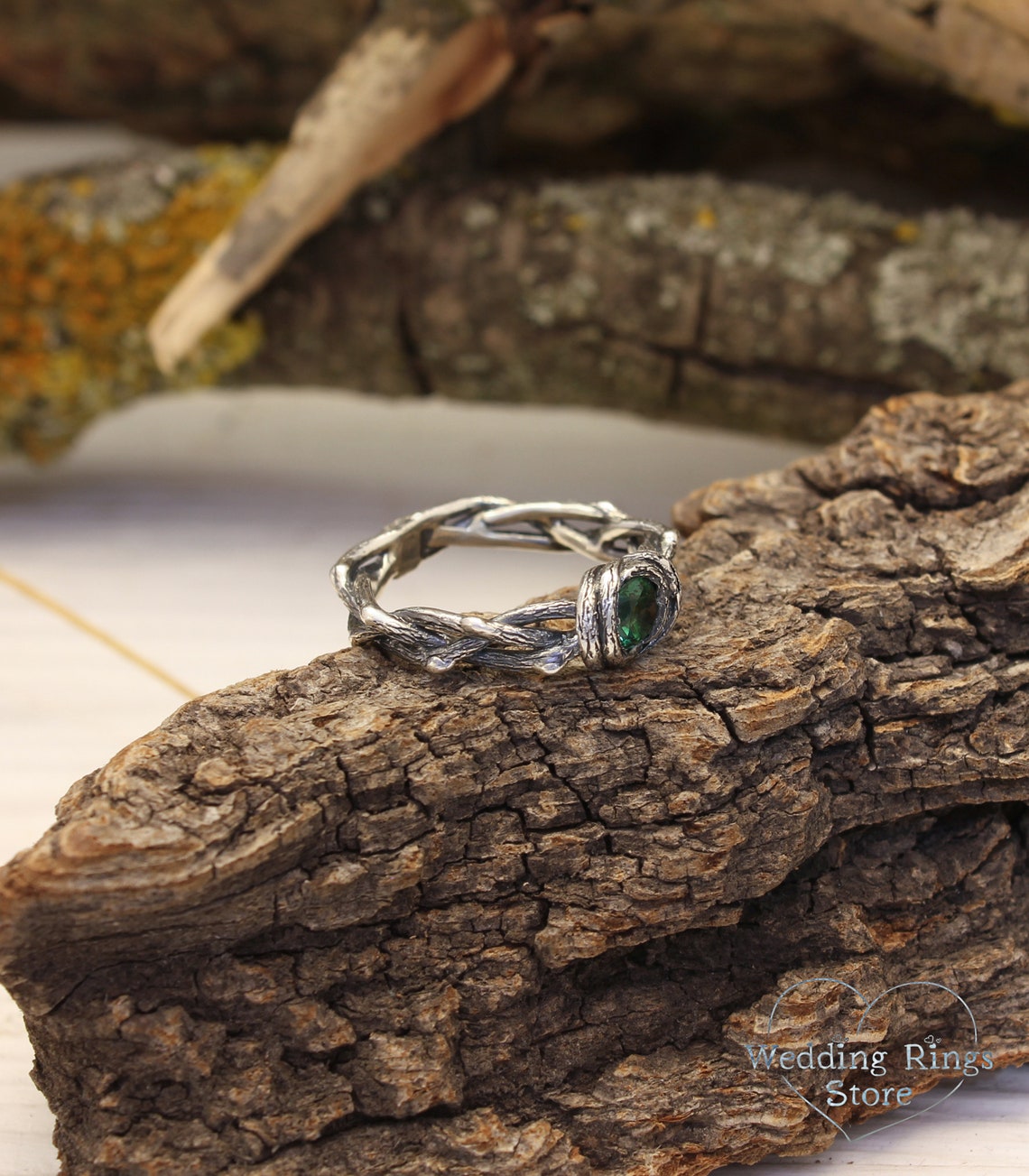 Twisted Twigs Silver Whimsical Engagement Ring & Green Tourmaline