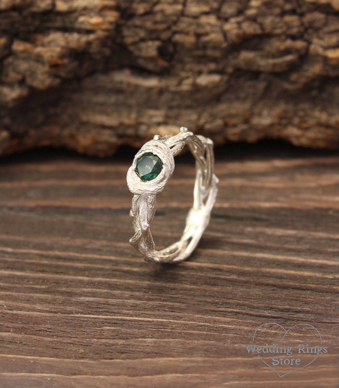 Twisted Twigs Silver Whimsical Engagement Ring & Green Tourmaline