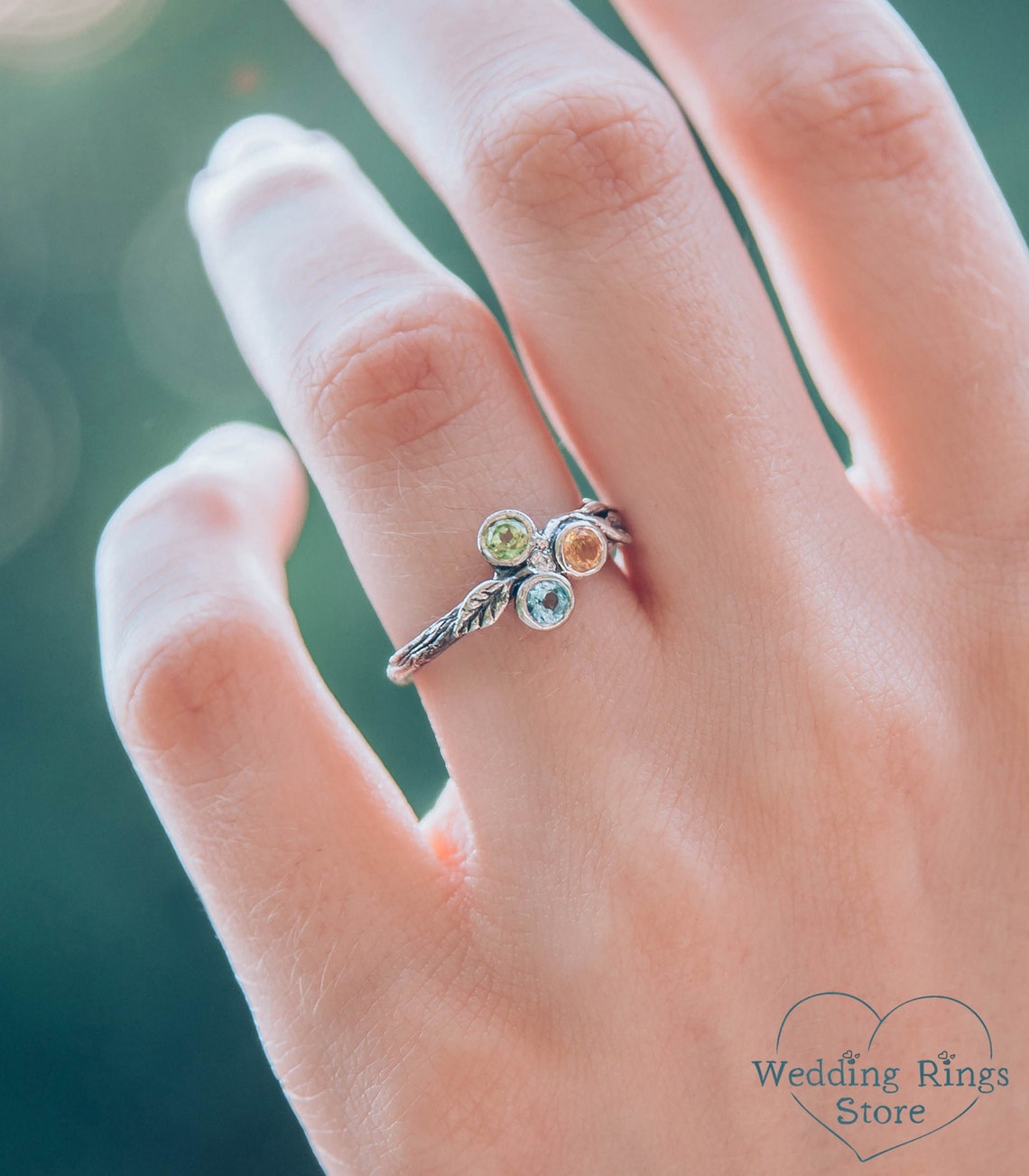 Three Birthstones Fine Silver Twig & Leaves dainty Ring