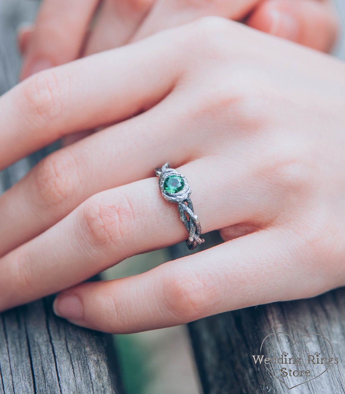 Twisted Twigs Silver Whimsical Engagement Ring & Green Tourmaline