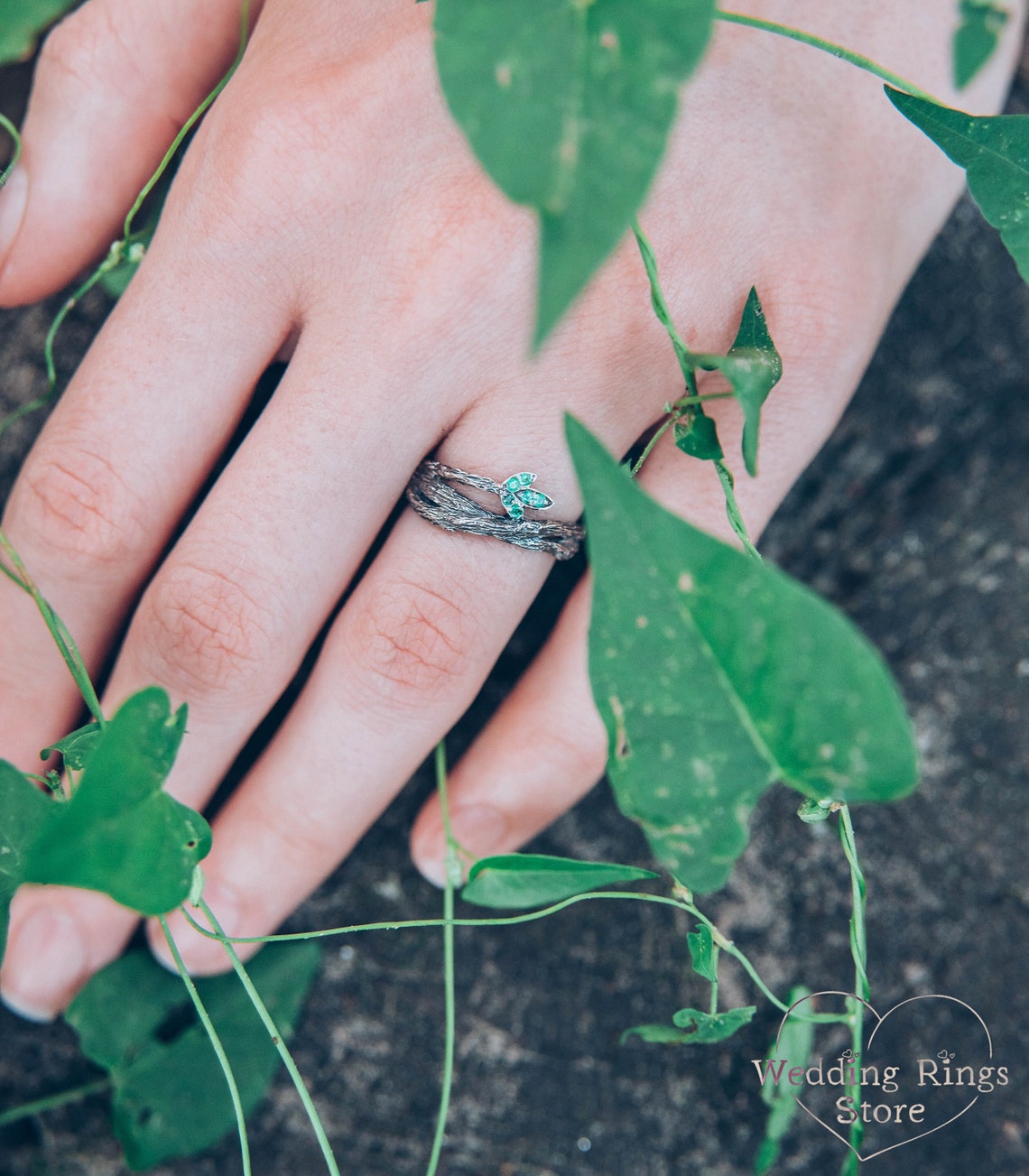 Tiny Emeralds in the Leaf Silver Twig Engagement Ring