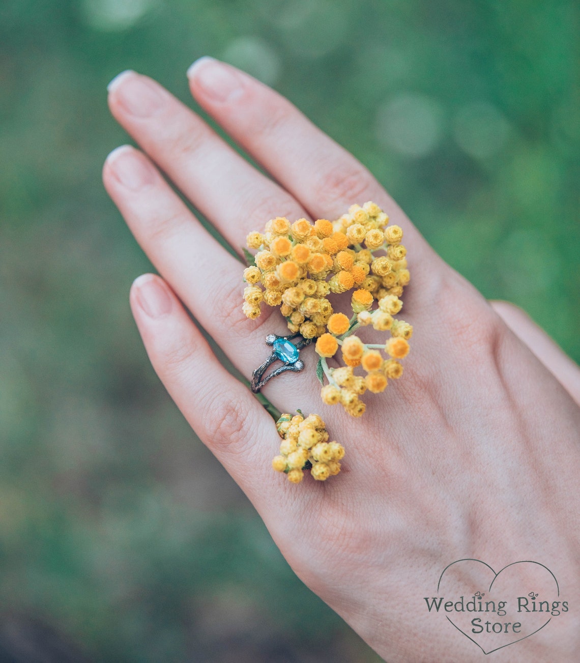 Tiny Split Branch Topaz Engagement Ring with Side Stones