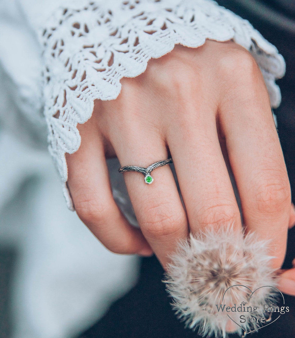 Unusual Tiny V-Ring with Emerald — Dainty Tree bark Wedding Band