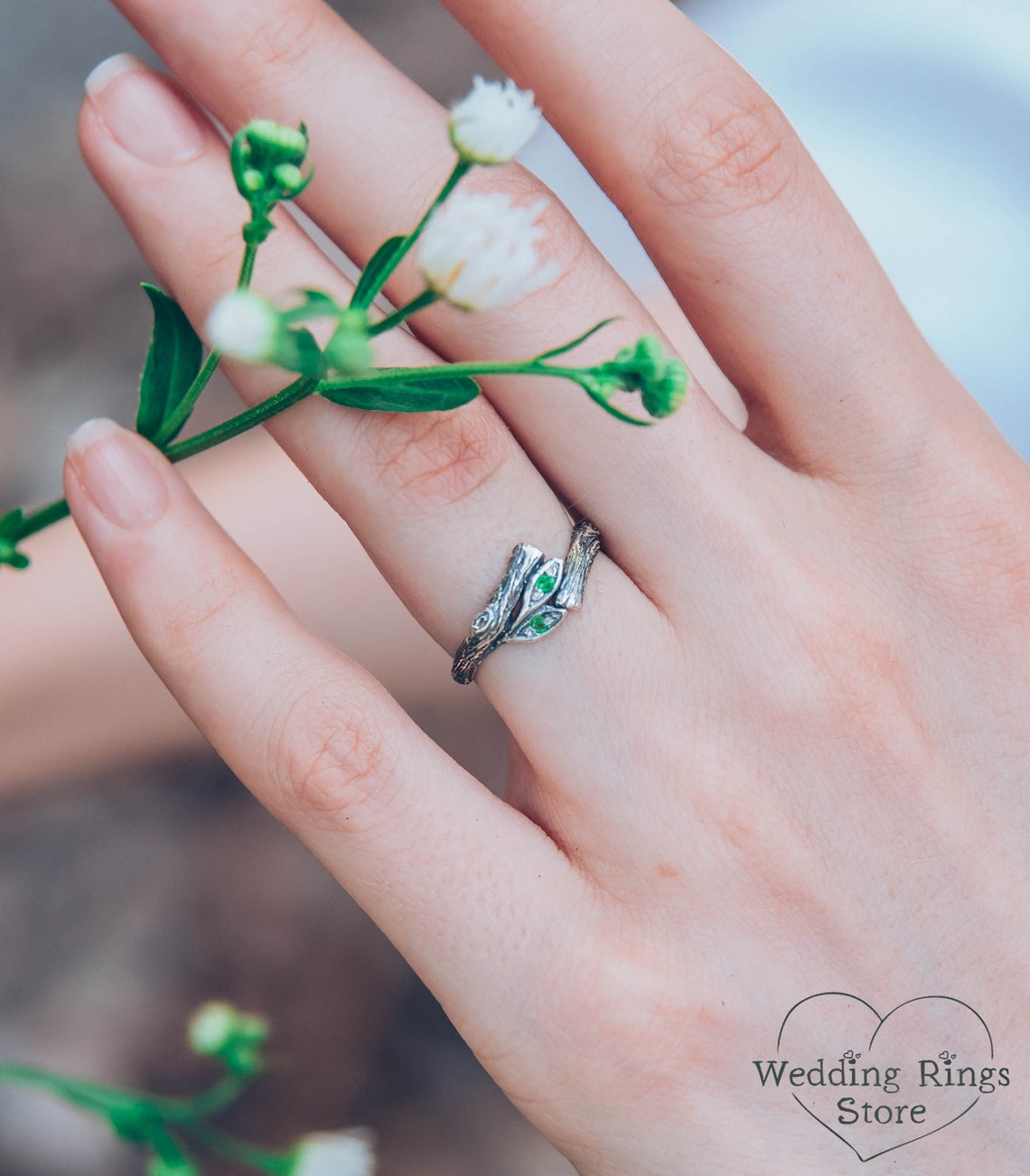 Emeralds in Leaves and Silver Twig Dainty Ring