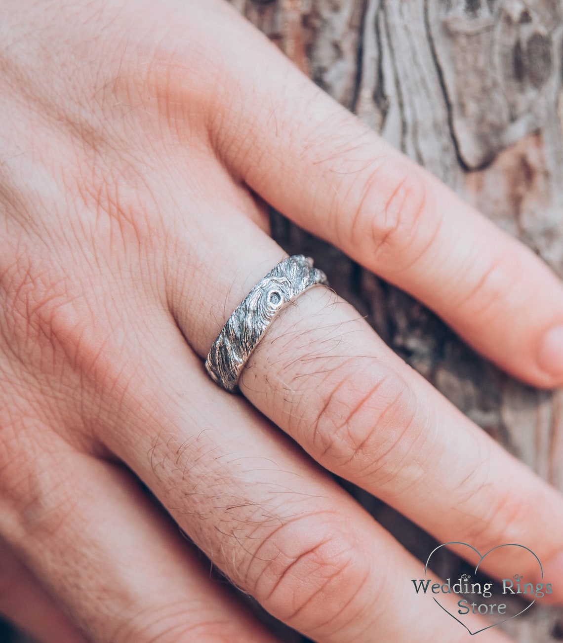 Oxidized Silver Tree bark Men's Large Wedding Band