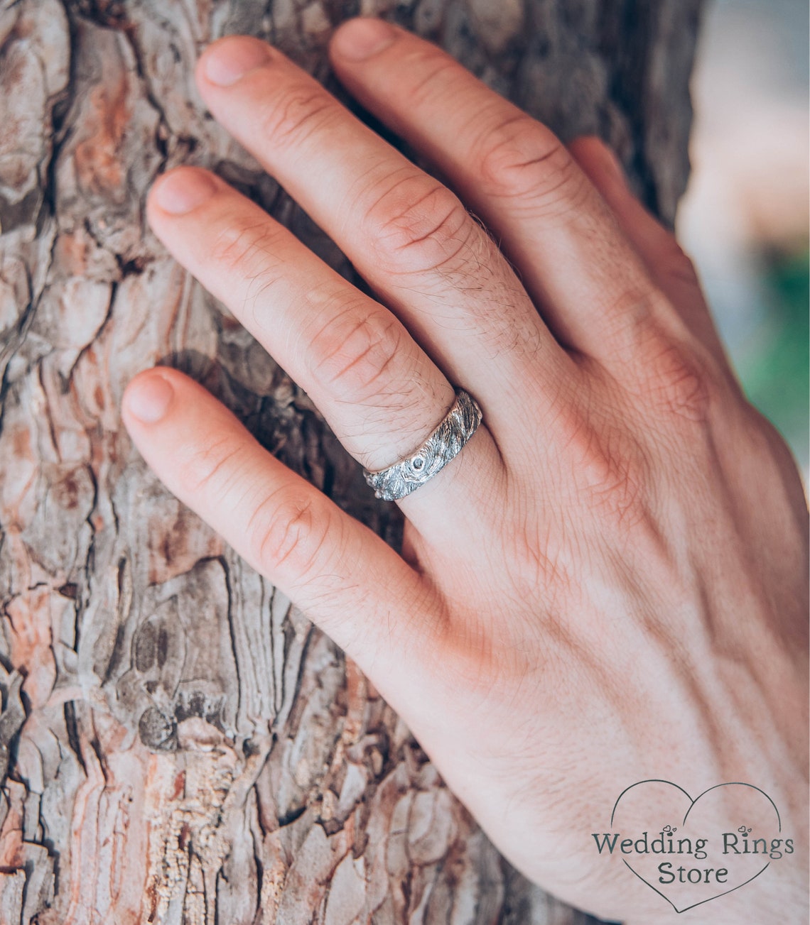 Oxidized Silver Tree bark Men's Large Wedding Band