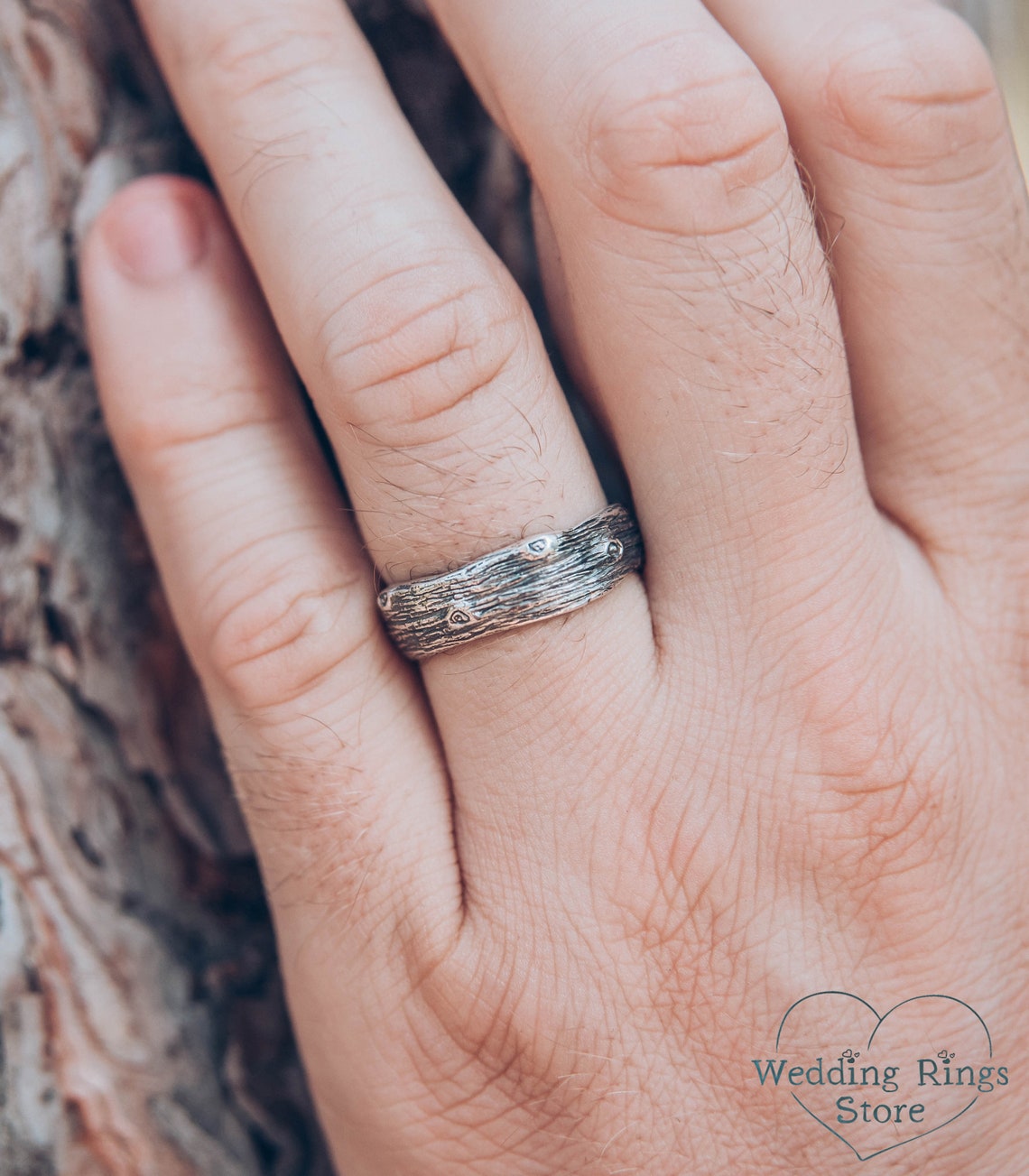 Oxidized Silver Tree bark Men's Large Wedding Band