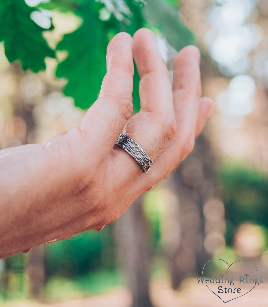 Rustic Wedding Ring with Woodbark textured 925 Fine Silver