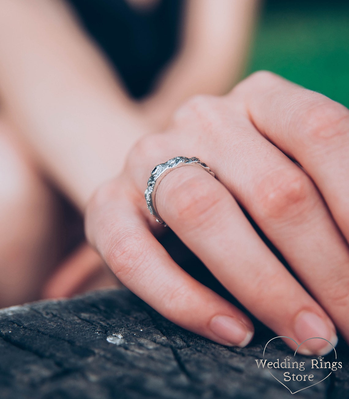 Rustic Wedding Band — Unique Silver Tree bark Ring