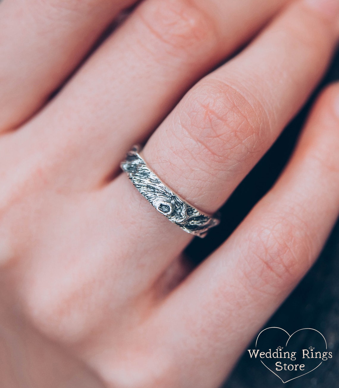 Rustic Wedding Band — Unique Silver Tree bark Ring