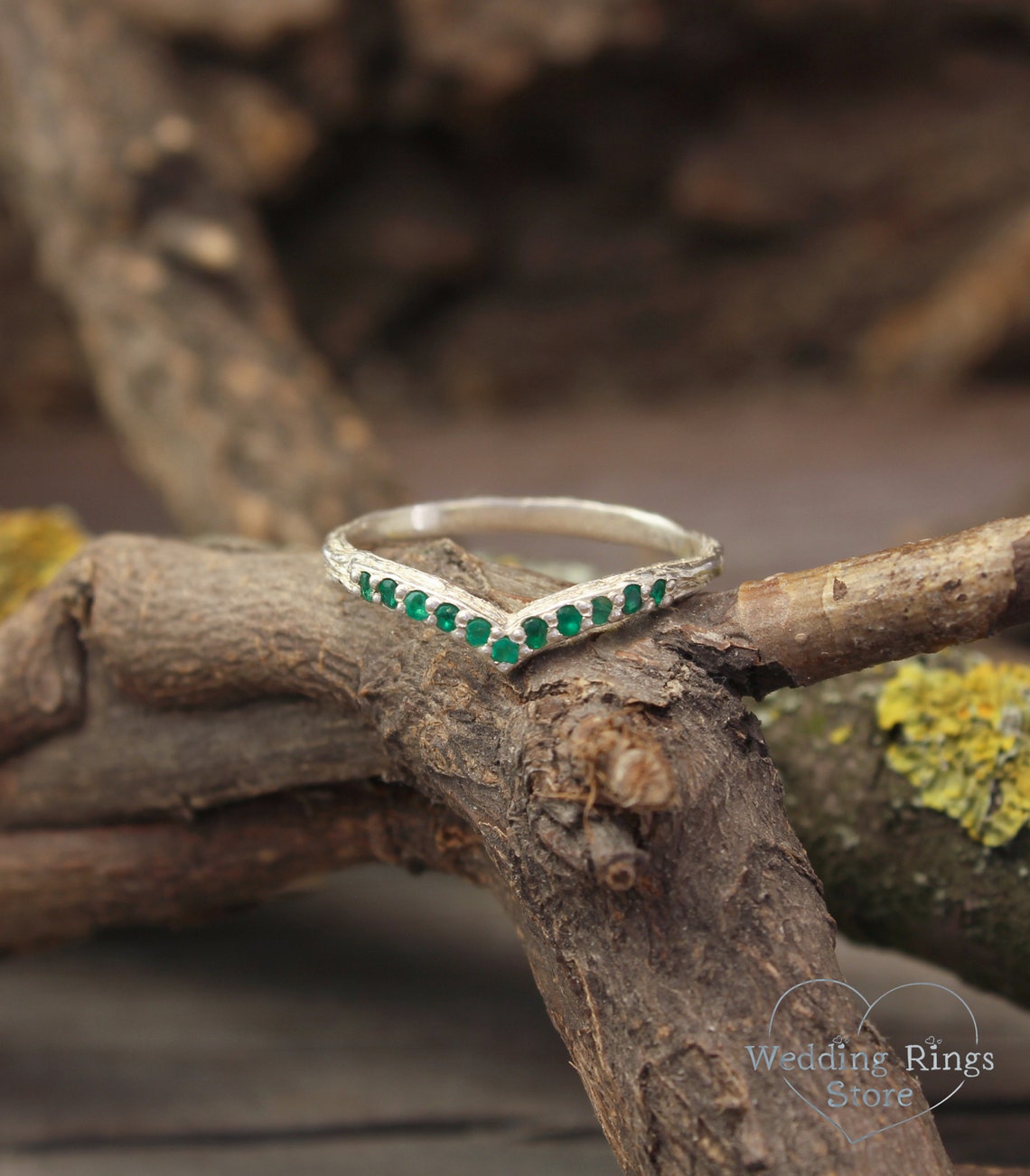 Delicate Tiny Sterling Silver V-Ring with Emeralds for Women