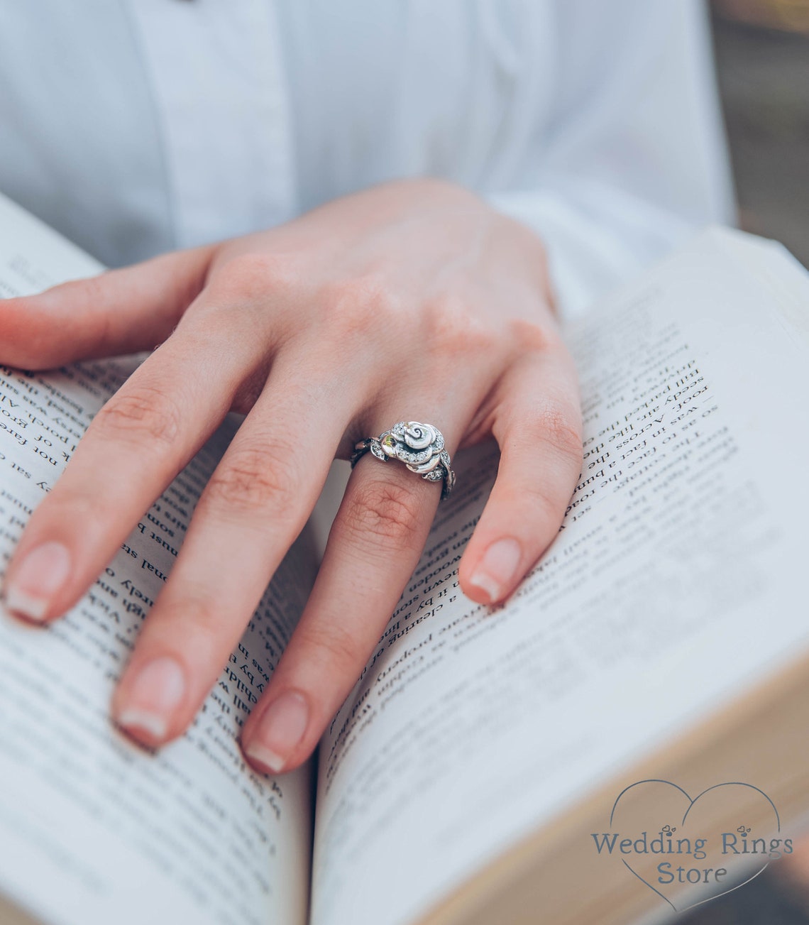 Delicate Rose in Silver Birth Flower Ring for Engagement