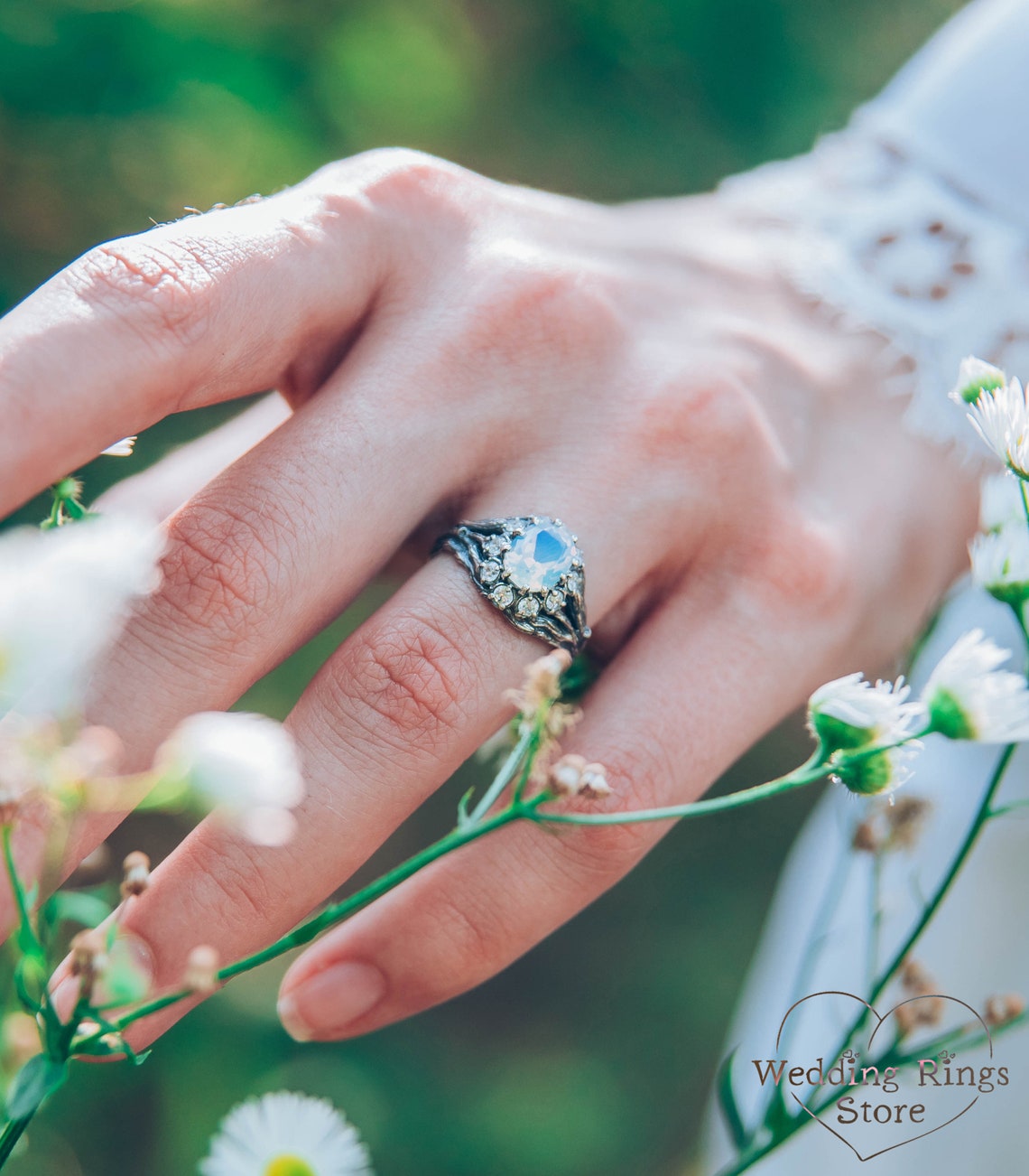 Halo Moonstone with CZ Engagement Ring and Silver Branch