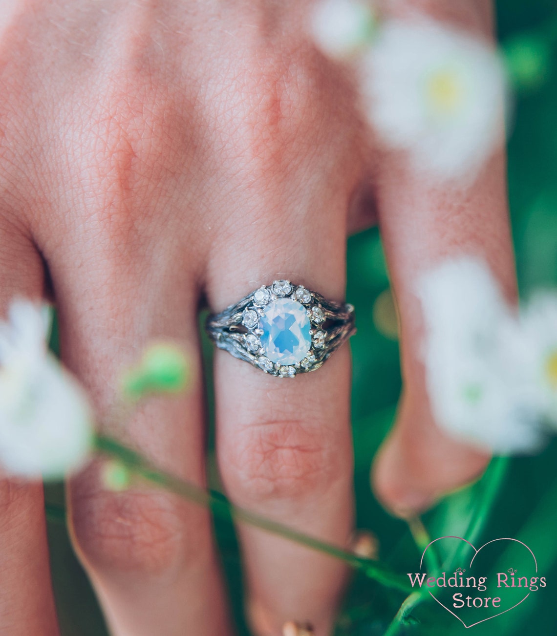 Halo Moonstone with CZ Engagement Ring and Silver Branch