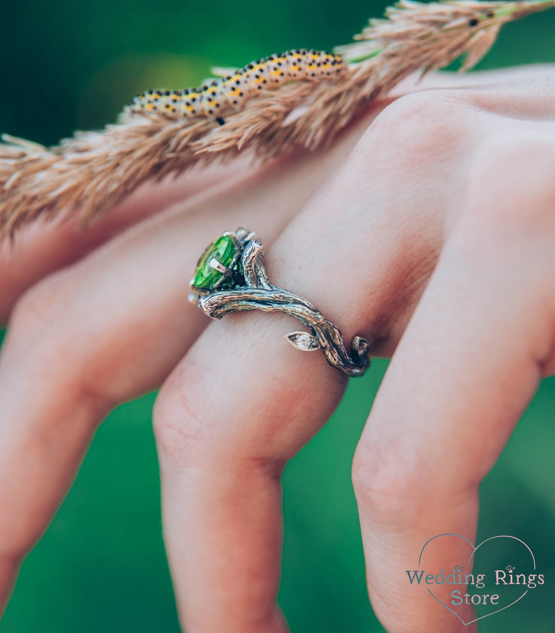 Large Peridot & Gems in Leaves Silver Twig Earthy Engagement Ring