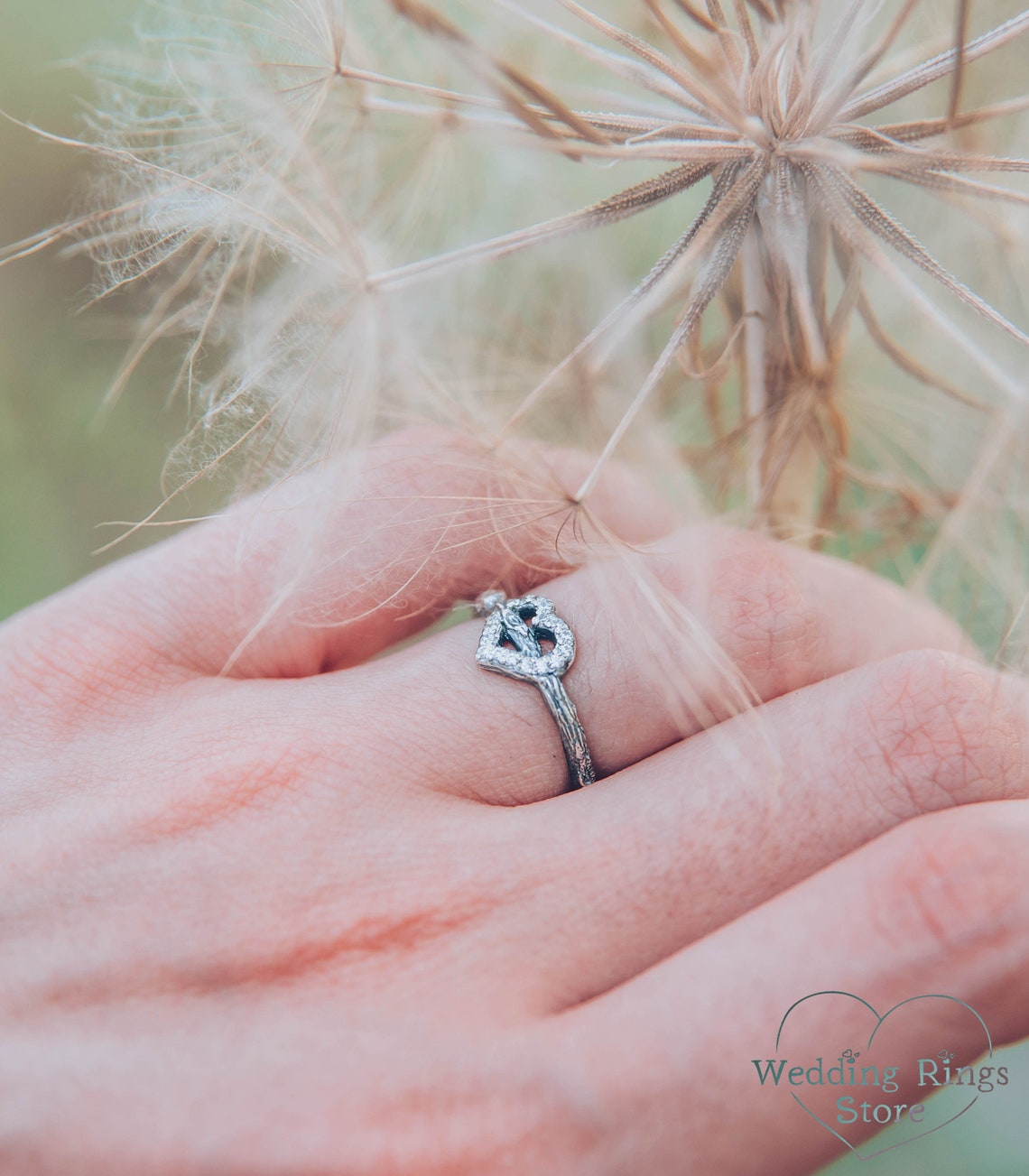 Sterling Silver Branch & Gems on Heart Engagement Ring