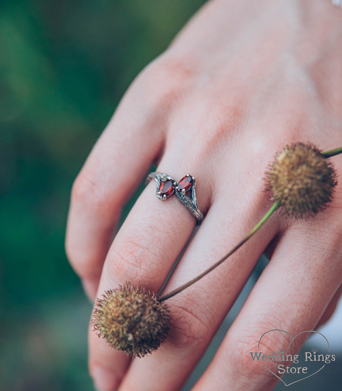 Two Oval Garnets Tiny Silver Branch Engagement Ring