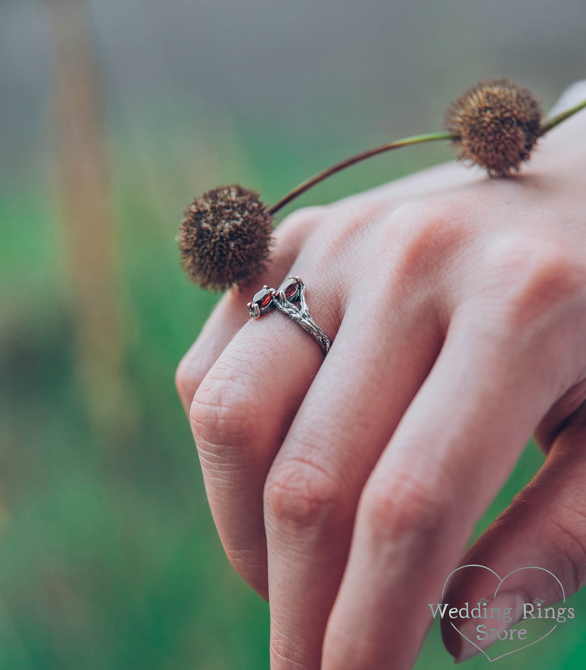 Two Oval Garnets Tiny Silver Branch Engagement Ring