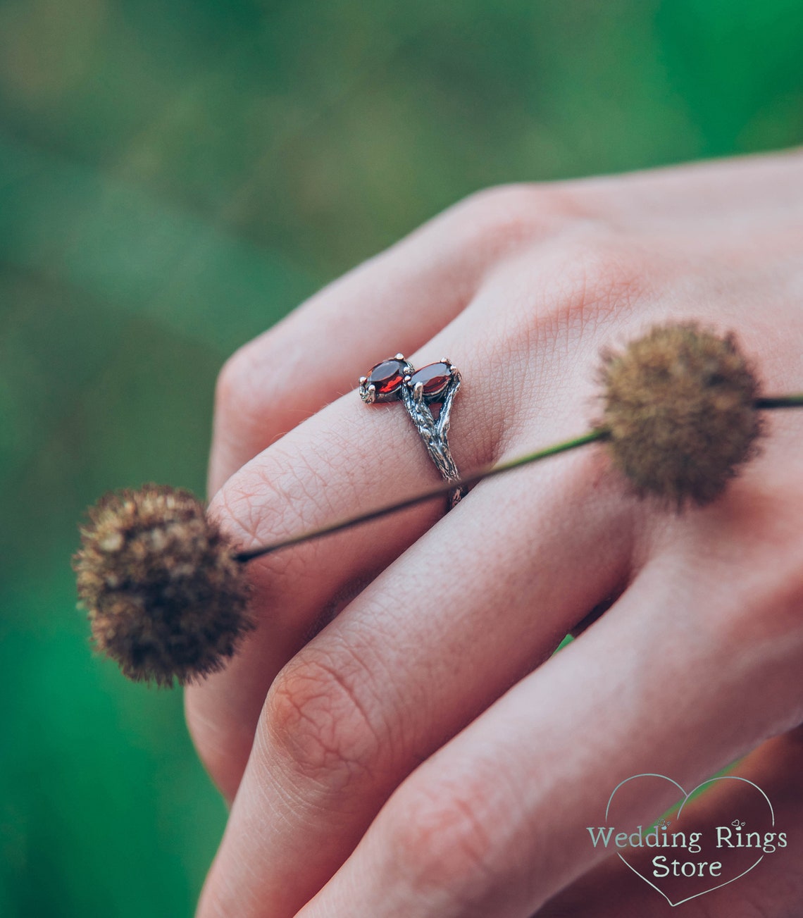 Two Oval Garnets Tiny Silver Branch Engagement Ring