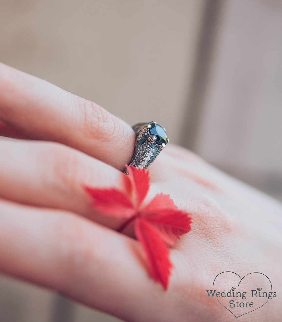 Big Garnet Ring with Silver Tree and Side Stones